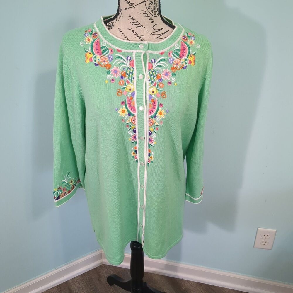 Bob Mackie Wearable Art large Sweater Cardigan Embroidered fruit